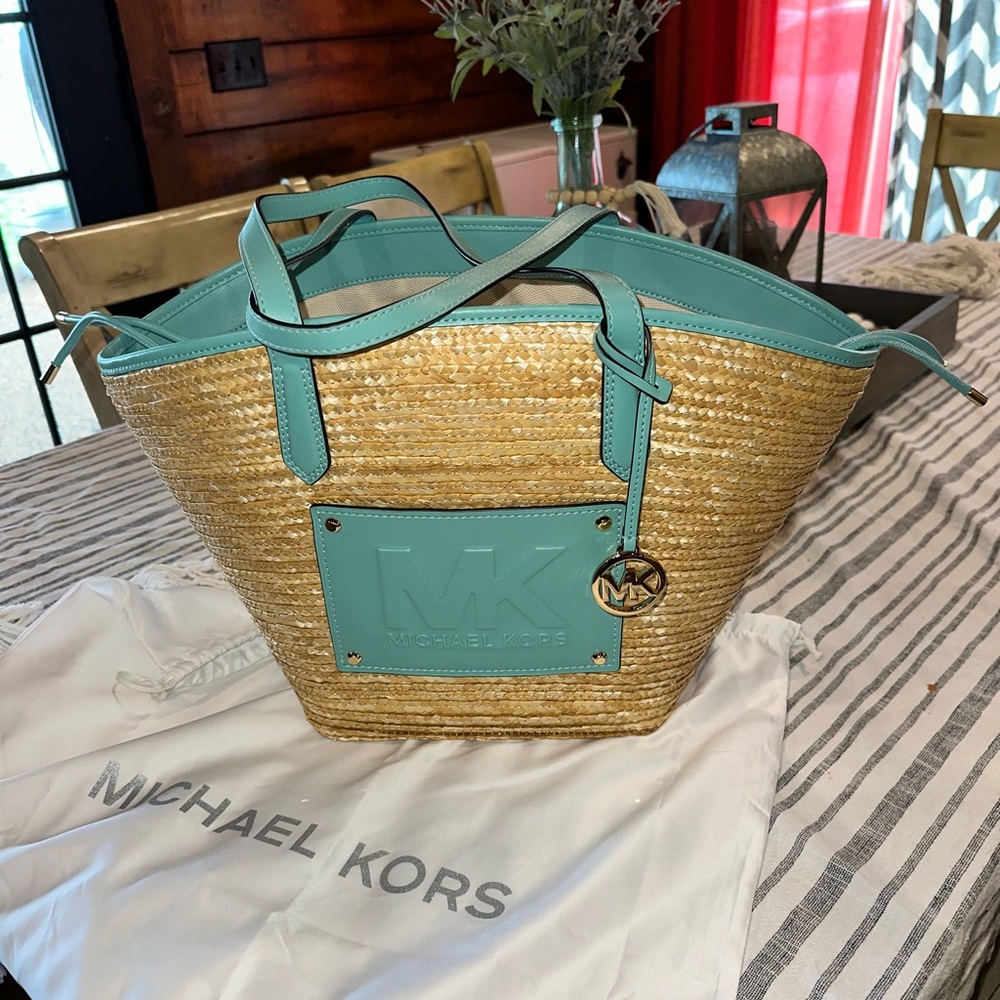 Michael Kors Tan and Green Tote Bag with Leather Trim - Picture 6 of 9